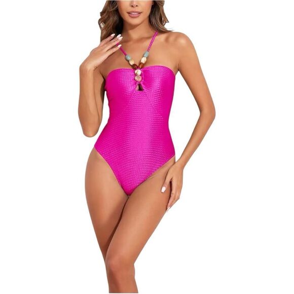 Vibrant Pink One-Piece Swimsuit Set with Wrap Skirt - Picture 2 of 9